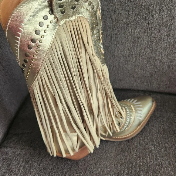 NEW Dingo Metallic Gold Fringe Heeled Cowboy Boots - Picture 7 of 9